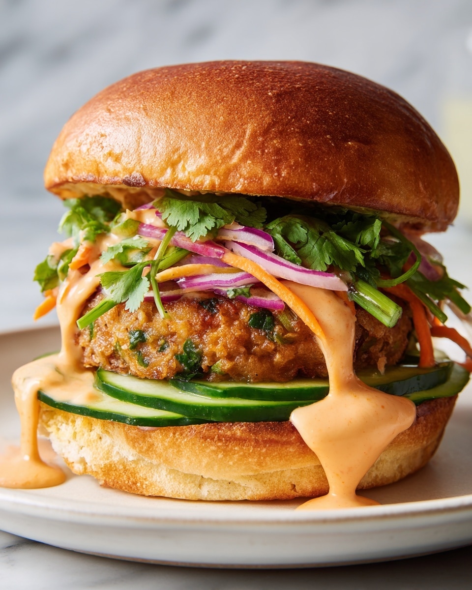 A close-up of a burger on a white plate with a white marbled background. The burger has a golden-brown toasted bun top, and under it is a layer of fresh green cilantro leaves mixed with thin purple onion slices and shredded orange carrots. Beneath that, there is a thick, crispy, golden-brown patty with green bits visible inside, topped with a creamy light orange sauce dripping down the sides. Below the patty, there is a layer of thinly sliced green cucumber arranged neatly, sitting on a bottom toasted bun that shows a light brown crust. Both the top and bottom buns appear soft and slightly glossy. Photo taken with an iphone --ar 4:5 --v 7