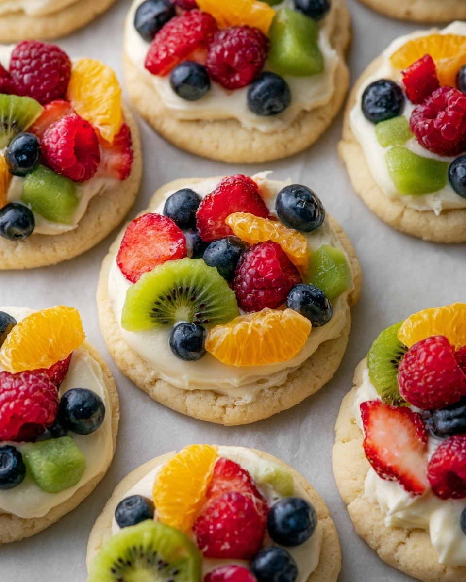 The image shows several small round cookies arranged closely on a white marbled surface. Each cookie has one thick, soft, slightly cracked pale beige base layer. On top of the base is a smooth, creamy white frosting layer that looks soft and rich. The top layer consists of a colorful mix of fresh fruits including bright red raspberries, halved strawberries with green tops, small dark blue blueberries, green diced kiwi, and shiny orange mandarin segments. The fruit pieces are placed closely together, creating a vibrant, fresh topping on each cookie. Photo taken with an iphone --ar 4:5 --v 7