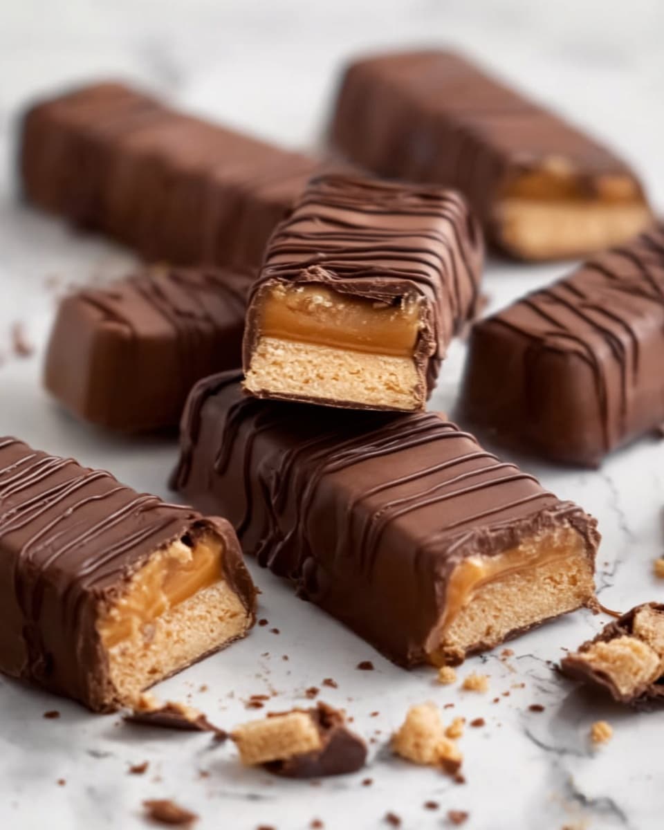 The image shows several chocolate bars on a white marbled surface, some whole and some cut in half to reveal their inside layers. Each bar has a smooth milk chocolate coating with thin chocolate drizzle lines on top. Inside, there are two distinct layers: a light, creamy caramel layer on top and a crunchy biscuit layer at the bottom. Pieces of the bars and small chocolate crumbs are scattered around. The photo is taken in soft natural light, giving the chocolate a glossy look. Photo taken with an iphone --ar 4:5 --v 7