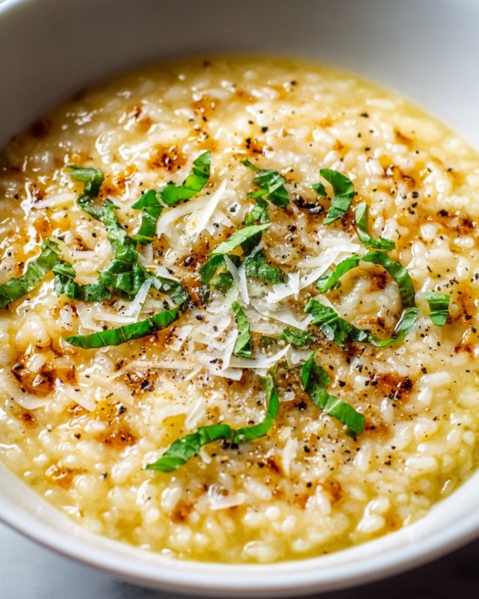 A close-up of a white bowl filled with a creamy risotto dish showing three main layers: a soft, creamy yellow base layer of cooked rice soaked in sauce, a middle layer with small brown toasted spots, and the top layer sprinkled with shreds of white cheese and thin slices of fresh green basil scattered evenly, all resting on a white marbled surface. The risotto looks rich and smooth with a glossy texture and little specks of black pepper adding contrast. photo taken with an iphone --ar 4:5 --v 7
