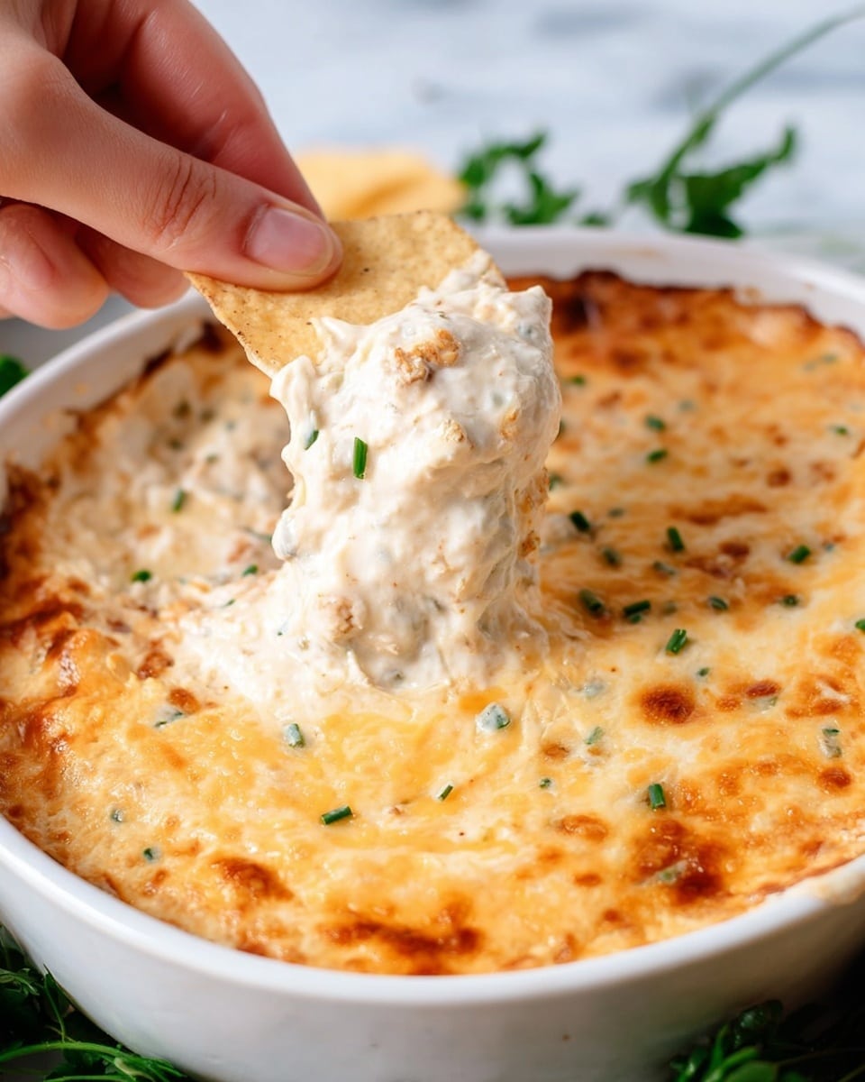 A white bowl filled with a baked dip that has a golden brown, slightly bubbly cheese layer on top, sprinkled with small green chive pieces. Underneath the cheese crust, the dip is creamy and white with visible chunks and a few small green bits mixed in. A woman's hand is lifting a tortilla chip covered with thick, cheesy dip that stretches slightly, showing its gooey texture. The bowl is placed on a white marbled surface with some fresh green herbs visible beside it. photo taken with an iphone --ar 4:5 --v 7