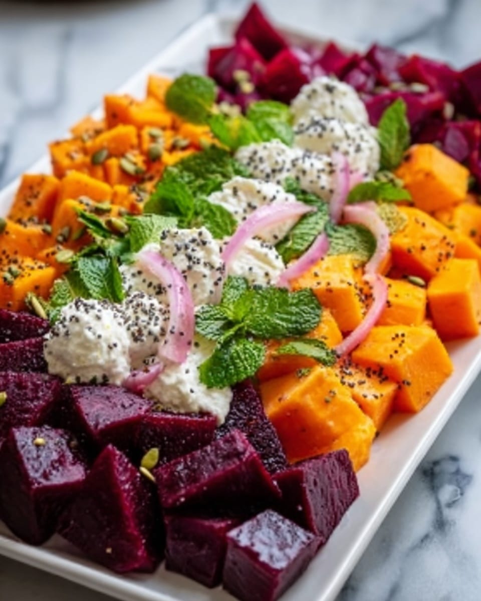 The image shows a white rectangular plate filled with a colorful layered salad. At the bottom, there are bright orange cubed sweet potatoes on the left and deep purple cubed beets on the right. Between these, fresh green mint leaves and light pink onion slices are placed. On top of the beets, there are creamy dollops of white yogurt sprinkled with small black seeds. The texture of the sweet potatoes looks soft, and the beets have a firm, smooth surface. The whole dish is set on a white marbled surface. Photo taken with an iphone --ar 4:5 --v 7