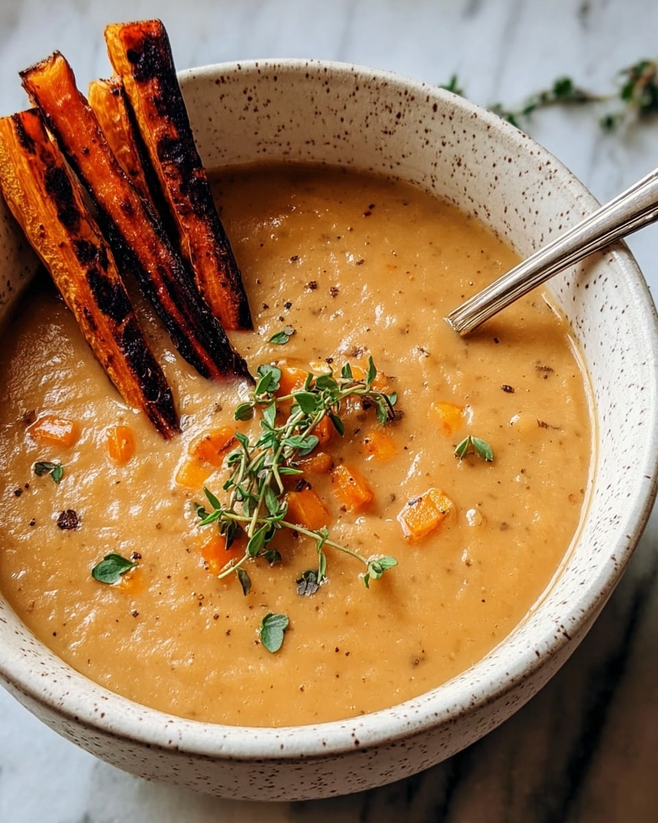 A white speckled bowl holds a thick, creamy soup with a light orange-beige color and small chunks of orange vegetable pieces scattered throughout. Three charred, golden-brown roasted vegetable sticks rest on one side of the bowl, partially dipping into the soup. A small green herb sprig with tiny leaves is placed delicately on top near the vegetable sticks. The bowl sits on a white marbled surface, and a silver spoon is visible inside the bowl next to the roasted sticks. photo taken with an iphone --ar 4:5 --v 7