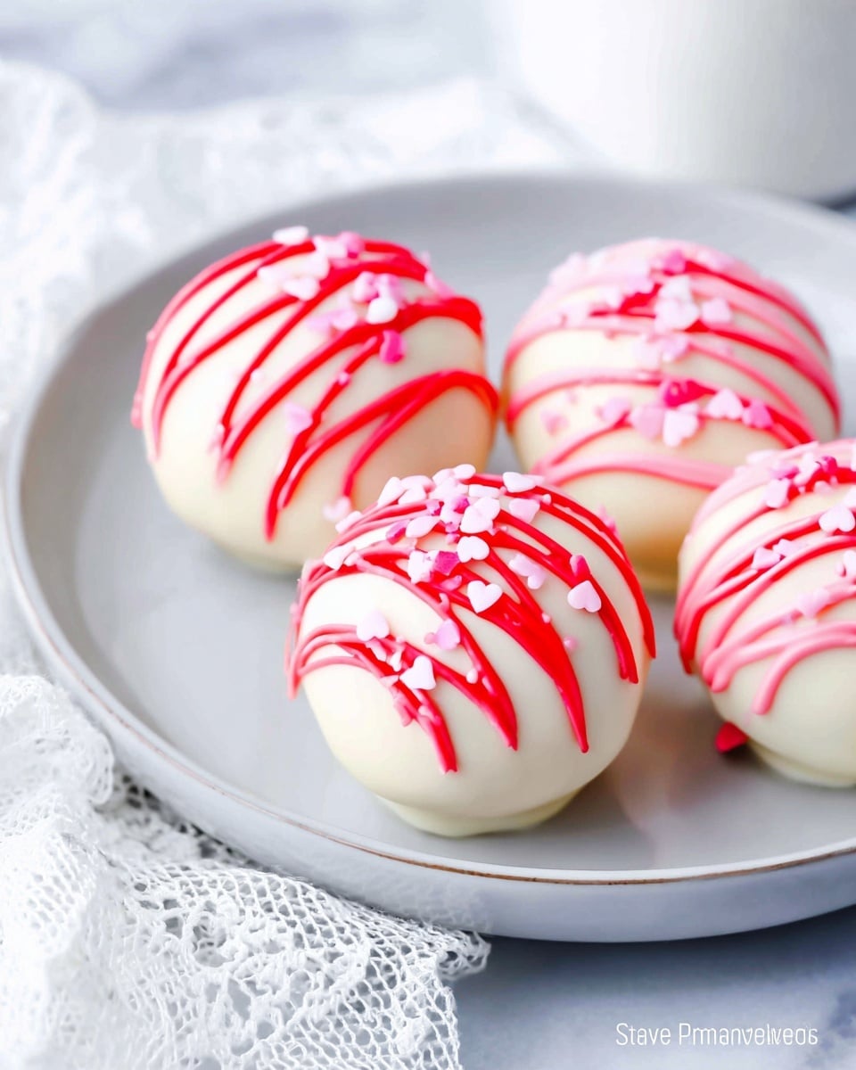 Four round white chocolate balls sit on a white plate with a soft gray edge, each ball covered in a smooth white layer. On top of each ball, there are thin, crisscrossed drizzles of bright red and light pink icing, creating a striped pattern. Small white and pink heart-shaped sprinkles are scattered on the icing, adding a cute finishing touch. The plate rests on a white marbled surface, and a lacy white cloth is partially visible next to it. The image is bright and clear, showing the delicate details of the decorations. photo taken with an iphone --ar 4:5 --v 7