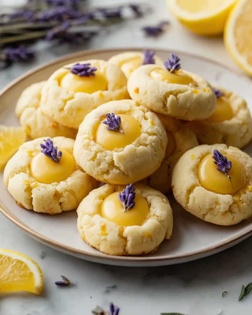 A round white plate holds a stack of nine soft, round cookies with a pale yellow color and slightly cracked surface. Each cookie has a smooth dollop of glossy yellow lemon cream in the center, topped with a small purple lavender flower. The cookies have a crumbly texture with tiny orange zest specks scattered throughout their surface. Around the plate, a few sprigs of lavender and thin slices of lemon rest on a white marbled surface, adding a fresh and bright contrast to the scene. The photo taken with an iphone --ar 4:5 --v 7