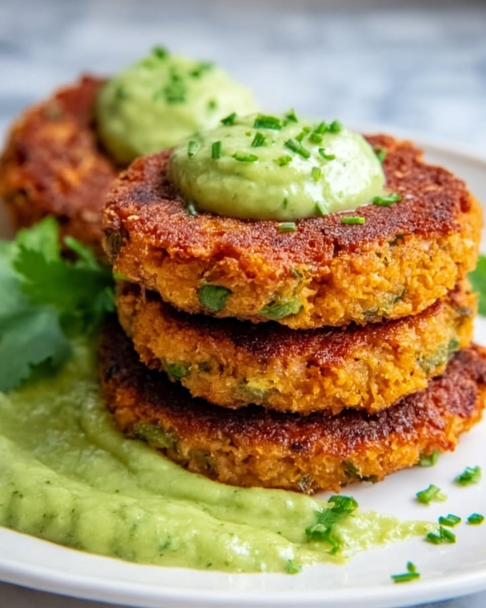 The image shows a close-up of three golden-brown patties stacked slightly off-center on a white plate. The patties have a crispy, textured surface with bits of green herbs visible inside. On top of the upper patty, there is a dollop of smooth, green sauce with a few small chopped herbs sprinkled around. More of the same green sauce sits on the side with some fresh green leaves placed nearby for garnish. The background is a white marbled surface. photo taken with an iphone --ar 4:5 --v 7