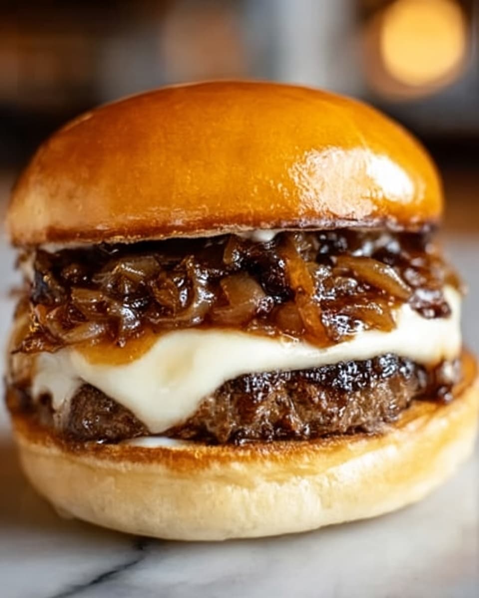 A close-up image of a juicy cheeseburger showing three clear layers inside a soft, shiny golden brown bun. The bottom layer is a white bun base. Above it is a thick, dark brown cooked ground beef patty covered with melted white cheese that drapes over the sides. On top of the cheese are caramelized brown onions with a glossy texture, some juice dripping down slightly onto the cheese. The top layer is the smooth, shiny golden brown bun placed neatly on top. The whole burger rests on a white marbled surface. Photo taken with an iphone --ar 4:5 --v 7