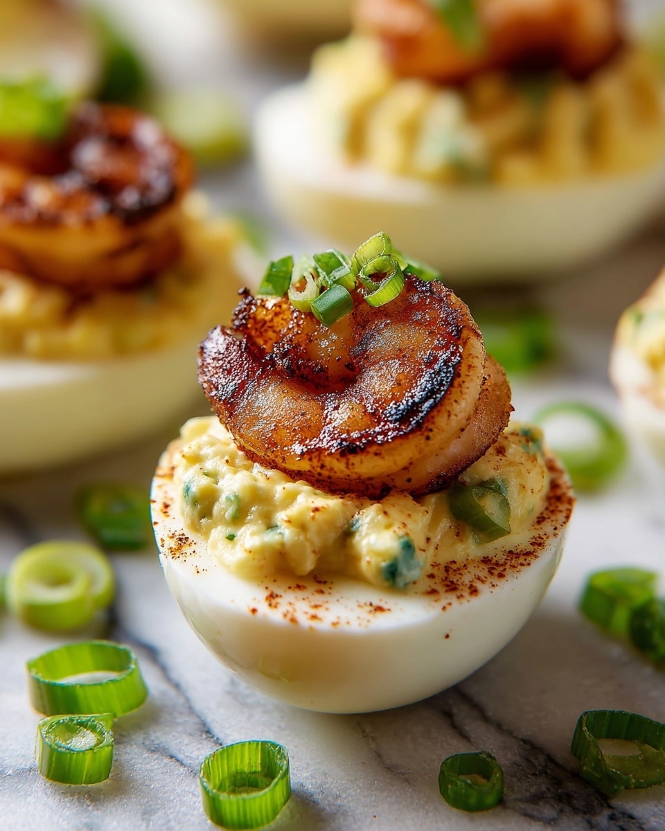 The image shows a close-up of a deviled egg with three layers: the bottom layer is a smooth white egg white half, the middle layer is a creamy, pale yellow yolk mixture with small green pepper pieces, and the top layer is a single, large, grilled shrimp with a golden-brown and slightly charred surface. The shrimp is topped with a small piece of green onion, while more sliced green onions are scattered around on a white marbled surface. The overall colors include white, pale yellow, golden brown, and vibrant green. photo taken with an iphone --ar 4:5 --v 7