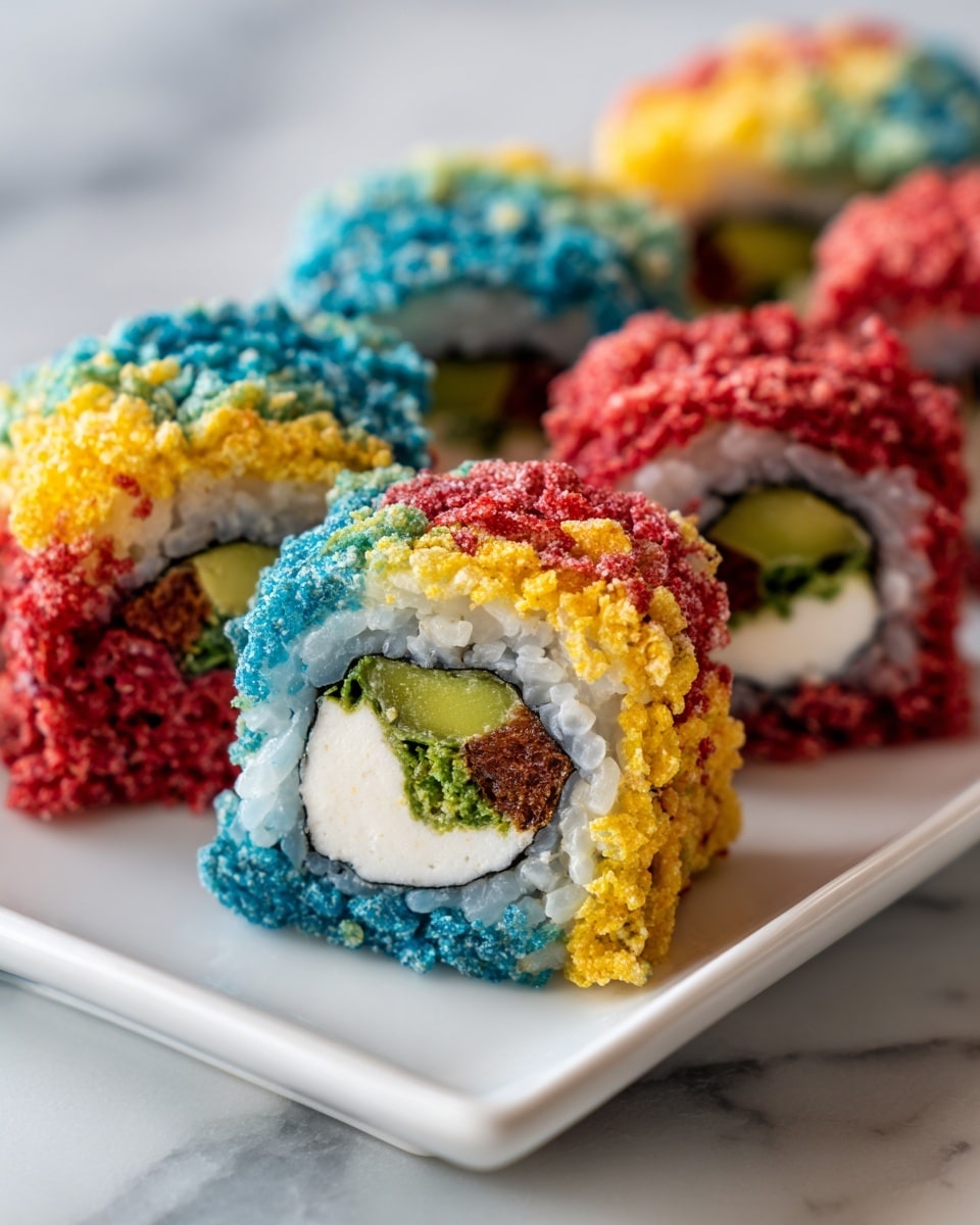 The image shows several pieces of sushi roll covered in bright, colorful crushed cereal bits in red, yellow, blue, and green colors. Each sushi roll has a white rice outer layer with a crunchy texture from the cereal on top and around the sides. Inside the rolls, you can see dark seaweed wrapping around a filling that includes cream cheese and a green vegetable, adding smooth and fresh textures. The sushi pieces are placed on a rectangular white plate on a white marbled surface, and one sushi piece is slightly in front to show the colorful details clearly. Photo taken with an iphone --ar 4:5 --v 7