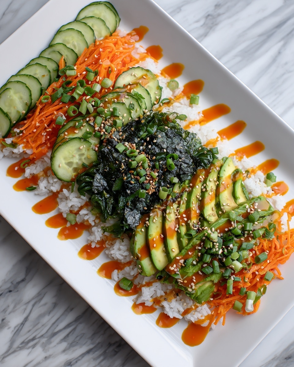 The dish is a rectangular sushi bowl with three main layers. The bottom layer is white rice taking up the entire base. On top of the rice, there are thinly sliced cucumber rounds and shredded orange carrots spread evenly on the left and right sides. The center has sliced avocado arranged in a neat row, covered with dark green seaweed strips and sprinkled with sesame seeds and chopped green onions. There are streaks of an orange sauce drizzled over the dish, adding contrast to the fresh colors. The whole bowl is set on a white marbled surface. Photo taken with an iphone --ar 4:5 --v 7