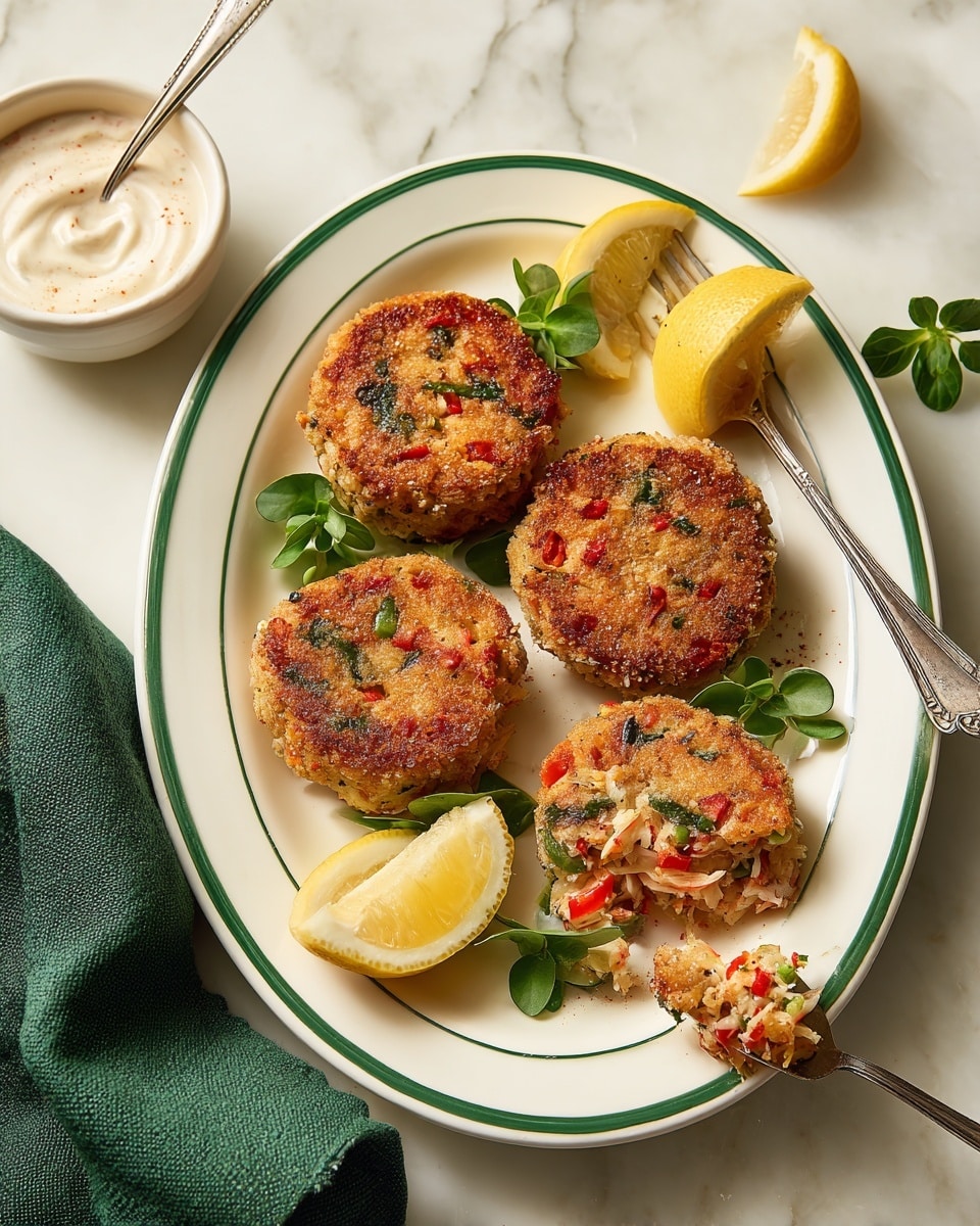 The image shows a white oval plate with a green rim on a white marbled surface, holding four golden brown patties mixed with small red and green vegetable bits, arranged in a rough square shape. There are small green leaves sprinkled around the patties and two small lemon wedges placed on the plate. A silver spoon lies beside the patties, lifting one slightly, and a dollop of white creamy sauce is in a small white dish at the top corner of the plate. A green cloth is partly visible beside the plate. Photo taken with an iphone --ar 4:5 --v 7