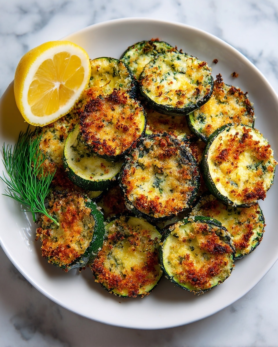 A white plate holds ten round grilled zucchini slices arranged in a loose pile, each slice showing a dark green outer edge with a golden brown, slightly crispy textured filling made from herbs and breadcrumbs. The grilled tops display a mix of light tan, green, and golden shades with a slightly rough surface. To the left of the zucchini slices, a half lemon with bright yellow flesh faces upward, and a small green dill sprig rests on the plate beneath the zucchini. The plate is set on a white marbled surface. Photo taken with an iphone --ar 4:5 --v 7