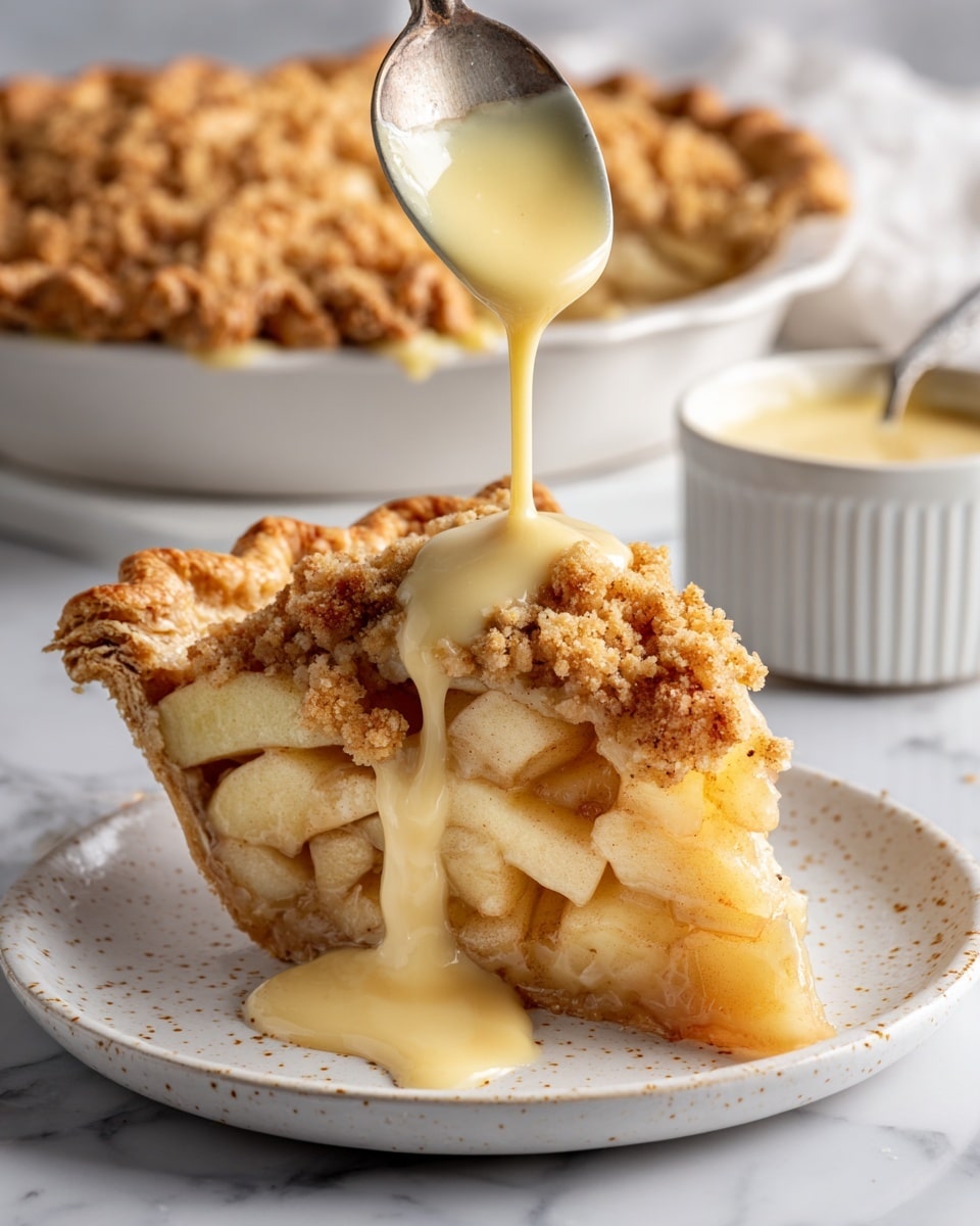A slice of crumbly, golden-brown apple pie with three visible layers sits on a white plate with tiny brown dots; the bottom layer is a well-baked crust, the middle layer is filled with soft, light yellow apple chunks in a glossy sauce, and the top layer is a crumbly streusel topping. A spoon held above drizzles thick, creamy, pale yellow sauce over the pie, some pooling on the plate. In the background, a whole pie and a small white bowl of sauce rest on a white marbled surface. Photo taken with an iphone --ar 4:5 --v 7