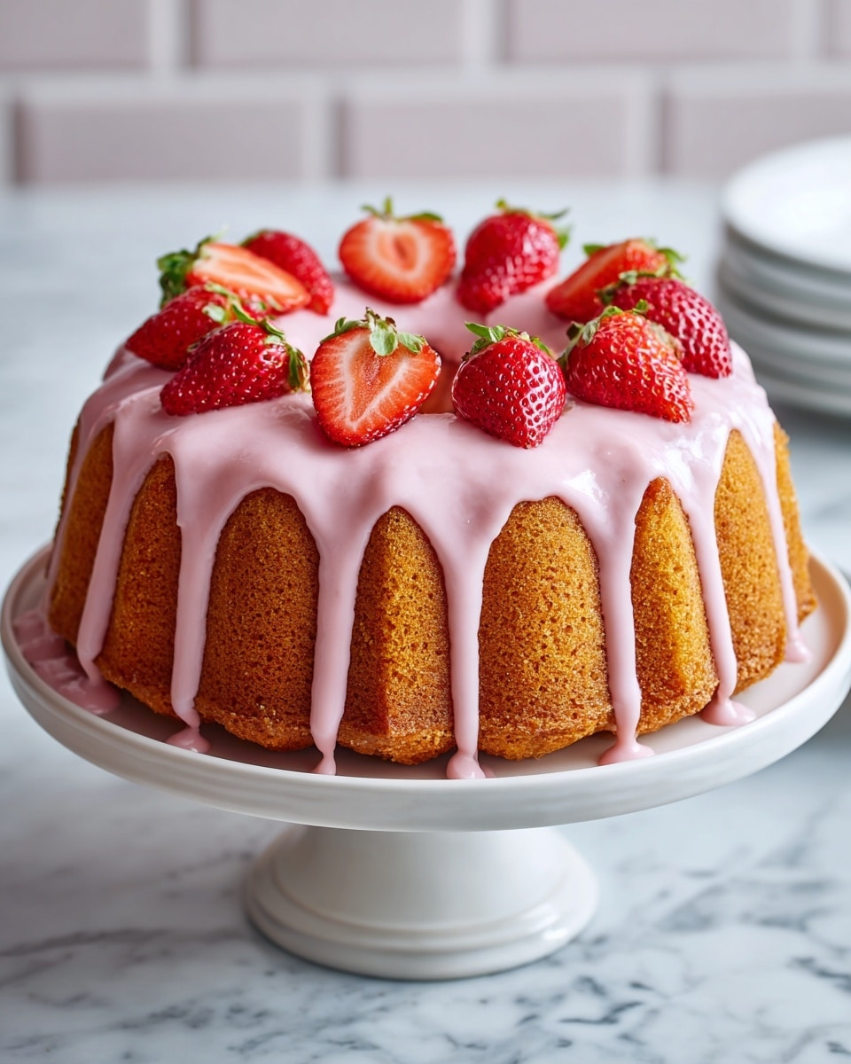 A round bundt cake with a golden brown color is placed on a white cake stand on a white marbled surface. The cake is covered with a thick pink glaze that drips down the sides in smooth, uneven streams. On top, there are whole and halved strawberries arranged in a ring around the center, their bright red color contrasting with the pink glaze and golden cake. The background is softly blurred with white tiles, adding a clean look. photo taken with an iphone --ar 4:5 --v 7