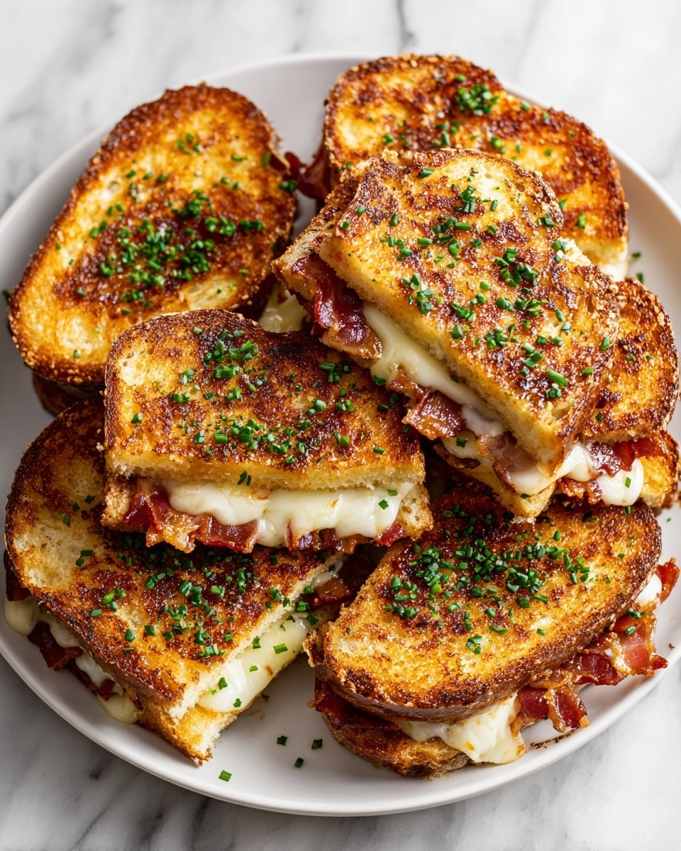 A round white bowl holds six thick, golden-brown sandwiches with a slightly crispy texture on top. Each sandwich has two layers of soft, yellow bread with a melted, creamy white cheese layer in the middle. Between the bread and cheese, pieces of crispy, dark red bacon peek out. The sandwiches are sprinkled with finely chopped green herbs on top, adding a fresh contrast to the warm colors of the bread and bacon. The bowl is placed on a white marbled surface. photo taken with an iphone --ar 4:5 --v 7
