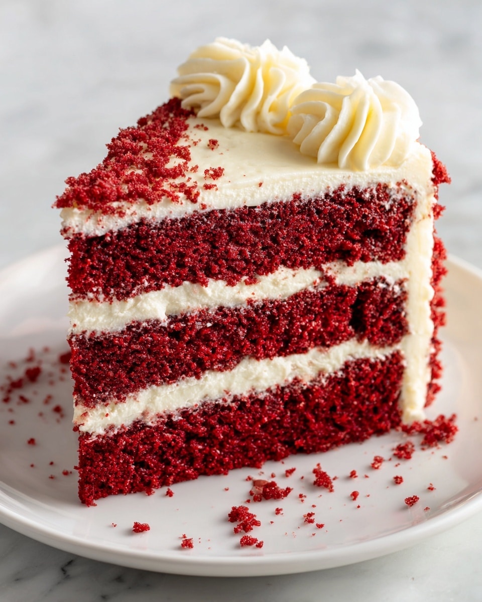 A slice of three-layer red velvet cake sits on a white plate, each layer deep red and moist with a slightly crumbly texture. Between the cake layers are thick, smooth white cream cheese frosting sections, evenly spread and contrasting with the red. The top edge of the slice has a swirl of the same white frosting, adding a decorative touch. The cake is placed on a white marbled surface that softly reflects light, making the red and white colors stand out vividly. Photo taken with an iphone --ar 4:5 --v 7