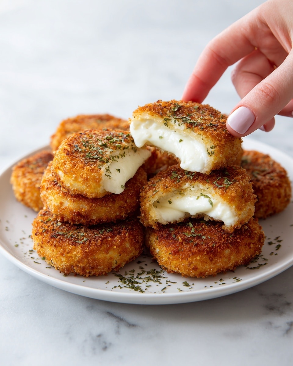 The image shows golden brown fried mozzarella patties, with a crispy, crunchy outer layer that has small green seasoning sprinkled on top. The patties are round and thick, with one cut open to reveal soft, melted white cheese inside. They are placed on a white plate that sits on a white marbled surface, creating a clean and simple background. A woman's hand is shown picking up one piece, adding a sense of interaction and warmth to the scene. Photo taken with an iphone --ar 4:5 --v 7