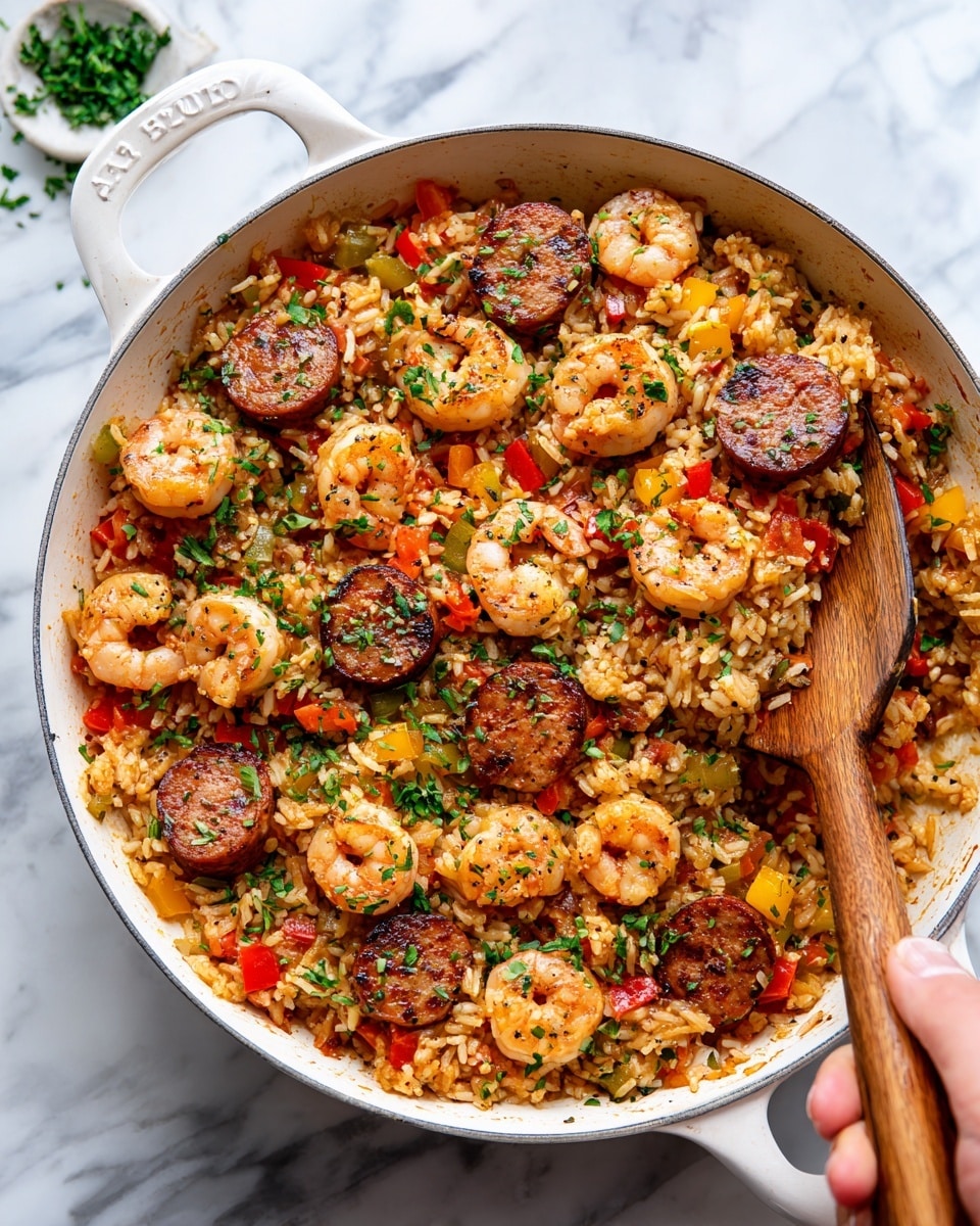 A white skillet filled with a colorful mix of rice and sausage pieces, with visible shrimp and chopped red and yellow bell peppers mixed throughout. The rice looks moist and seasoned with small green herbs sprinkled on top. The sausage slices are browned and thickly cut, sitting evenly over the rice layer. The skillet rests on a white marbled surface, with a wooden spoon slightly dipped into the dish on the right side. A woman's hand is holding the pan handle on the bottom right corner. Photo taken with an iphone --ar 4:5 --v 7