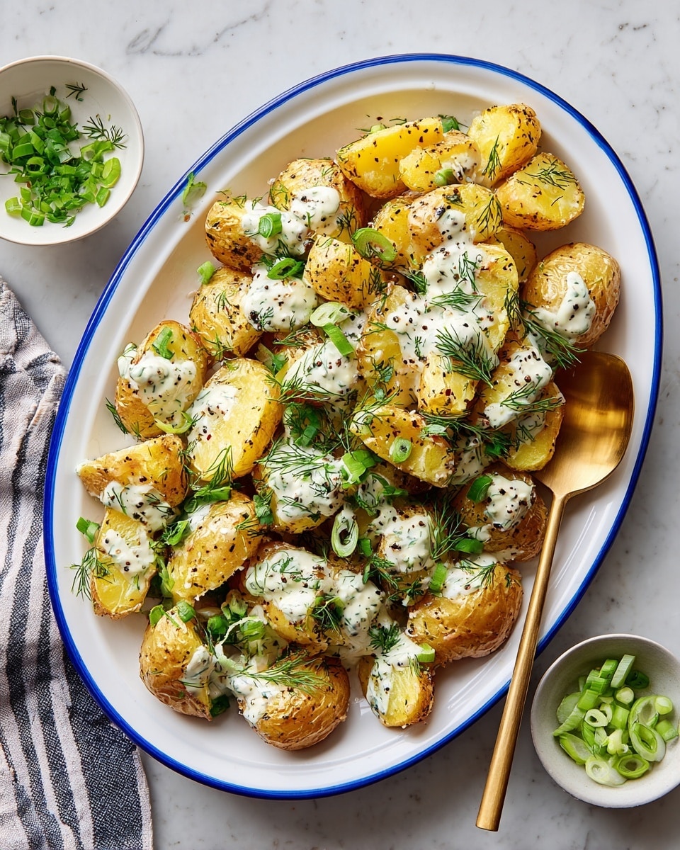 A white oval plate with a blue rim holds a pile of roasted potato chunks, each piece golden brown with a slightly crispy texture. The potatoes are coated generously with a creamy white sauce speckled with black pepper and fresh green herb pieces, including chopped scallions and finely chopped dill, giving a fresh contrast to the warm potatoes. The dish is garnished with extra green herbs scattered on top. To the side on a white marbled surface, a gold spoon rests on the plate, and small white bowls containing sliced green onions and chopped herbs add color accents. A striped cloth is partly visible near the edge of the frame. Photo taken with an iphone --ar 4:5 --v 7