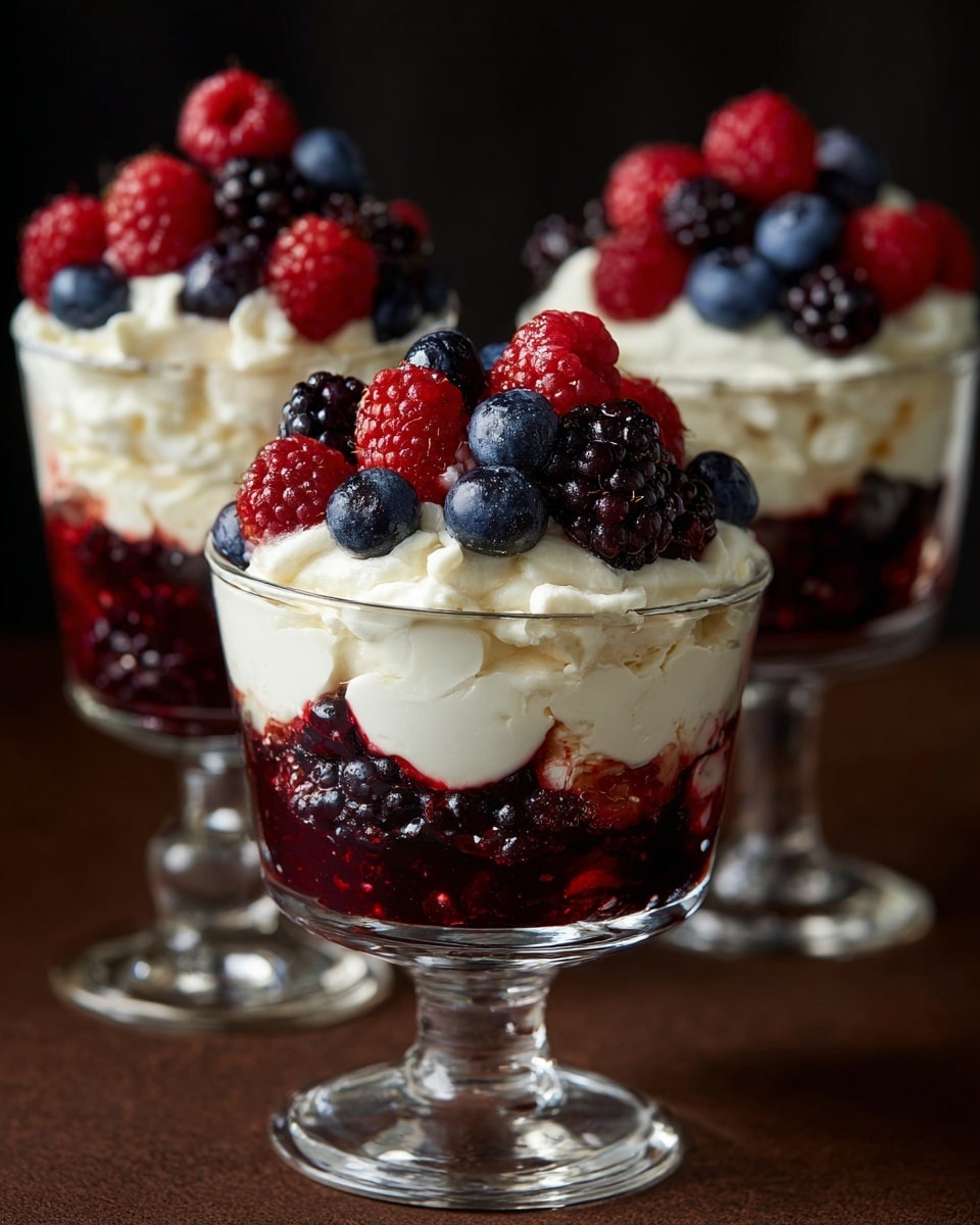 Three crystal clear dessert glasses stand on a brown surface with a dark background, each filled with three distinct layers. The bottom layer is a dark red berry jelly with a shiny, slightly translucent texture. Above this is a smooth layer of thick white cream, topped with bright red raspberry sauce that drips slightly down the side. The final layer on top is a swirl of white whipped cream adorned with fresh berries including deep black blackberries, bright red raspberries, and small dark blue blueberries. The berries sit neatly on the whipped cream, adding a vivid pop of color. Photo taken with an iphone --ar 4:5 --v 7