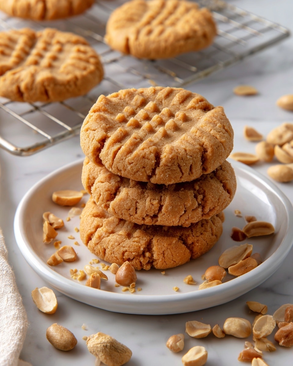 A stack of three light golden-brown peanut butter cookies sits in the center of a white round dish, each cookie showing a crisscross pattern pressed into the top. The cookies have a slightly rough surface texture with small peanut pieces visible. Around the base of the stack inside the dish are scattered whole roasted peanuts, light brown with a slightly glossy finish. Additional cookies and peanuts surround the dish on a white marbled textured surface, with a cooling rack partially visible in the background. photo taken with an iphone --ar 4:5 --v 7