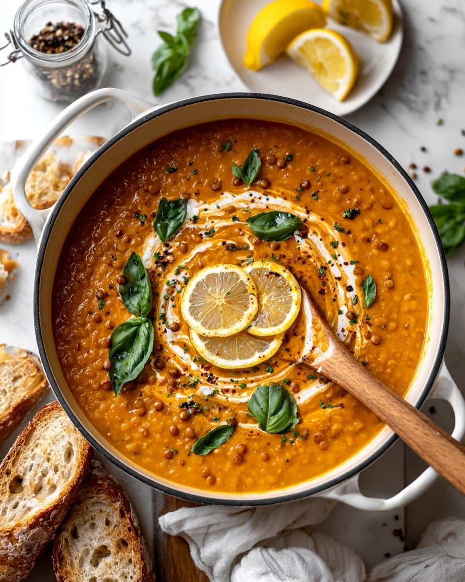 A white pot filled with creamy orange lentil soup, thick with visible whole lentils and small bits of herbs and spices, with a smooth swirl of cream on top creating a spiral pattern. At the center, two thin lemon slices are placed, garnished with fresh green basil leaves scattered evenly. A light wooden spoon dips into the soup on the right side. In the background, there is a white marbled surface with a small plate holding lemon halves, a glass jar with black pepper, and some scattered basil leaves. At the front on the left side, slices of crusty bread rest on a white cloth. photo taken with an iphone --ar 4:5 --v 7