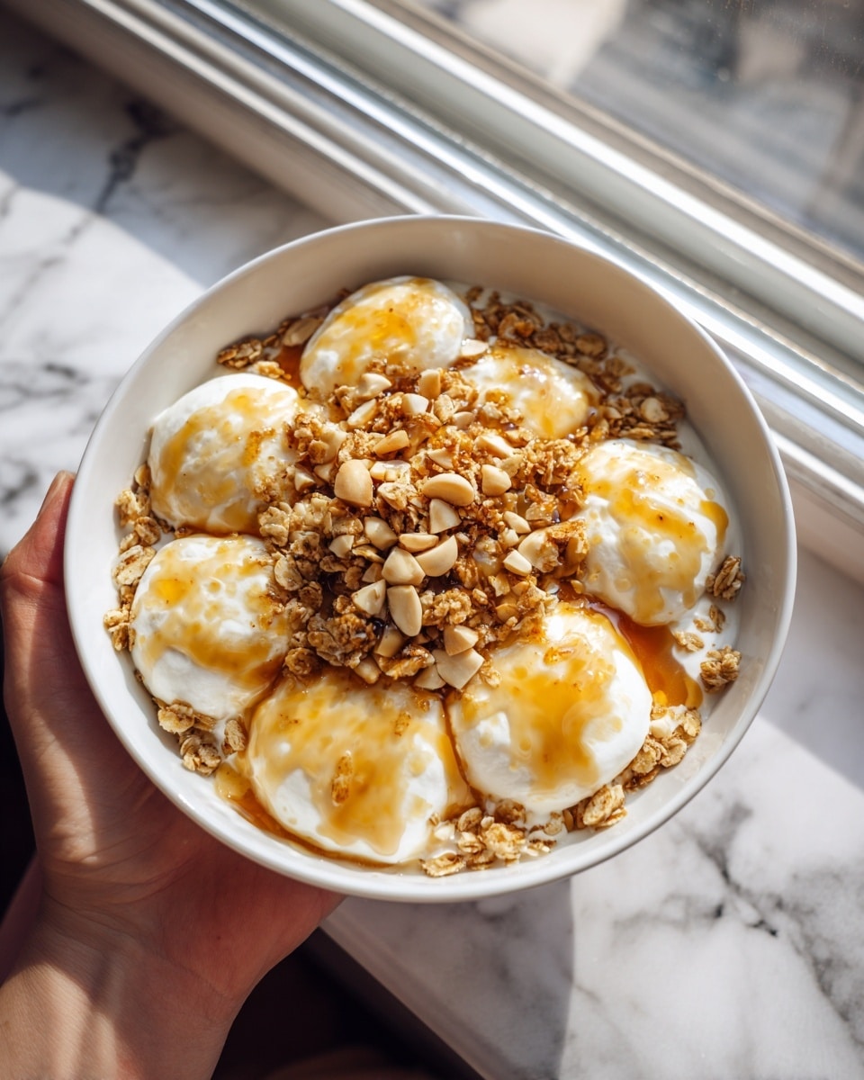 The bowl contains three clear layers: the bottom layer is brown crunchy granola filling the bowl, the middle layer is a creamy white yogurt that forms round dollops on the granola, and the top layer consists of banana slices topped with amber-colored honey and small chopped nuts drizzled with a darker syrup. The bowl is white, sitting on a white marbled surface near a window. Photo taken with an iphone --ar 4:5 --v 7