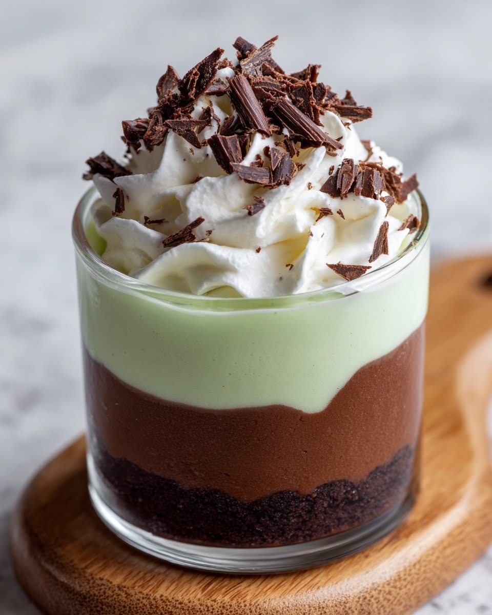 The image shows a three-layer dessert in a clear glass placed on a wooden board with a white marbled background. The bottom layer is a rich dark brown chocolate mousse with a smooth texture, topped by a middle layer of pale green cream with a soft, creamy look. Above this is another thick layer of dark brown chocolate mousse. The dessert is topped with a generous swirl of white whipped cream, which is covered with dark chocolate shavings that add texture and contrast on top. Photo taken with an iphone --ar 4:5 --v 7
