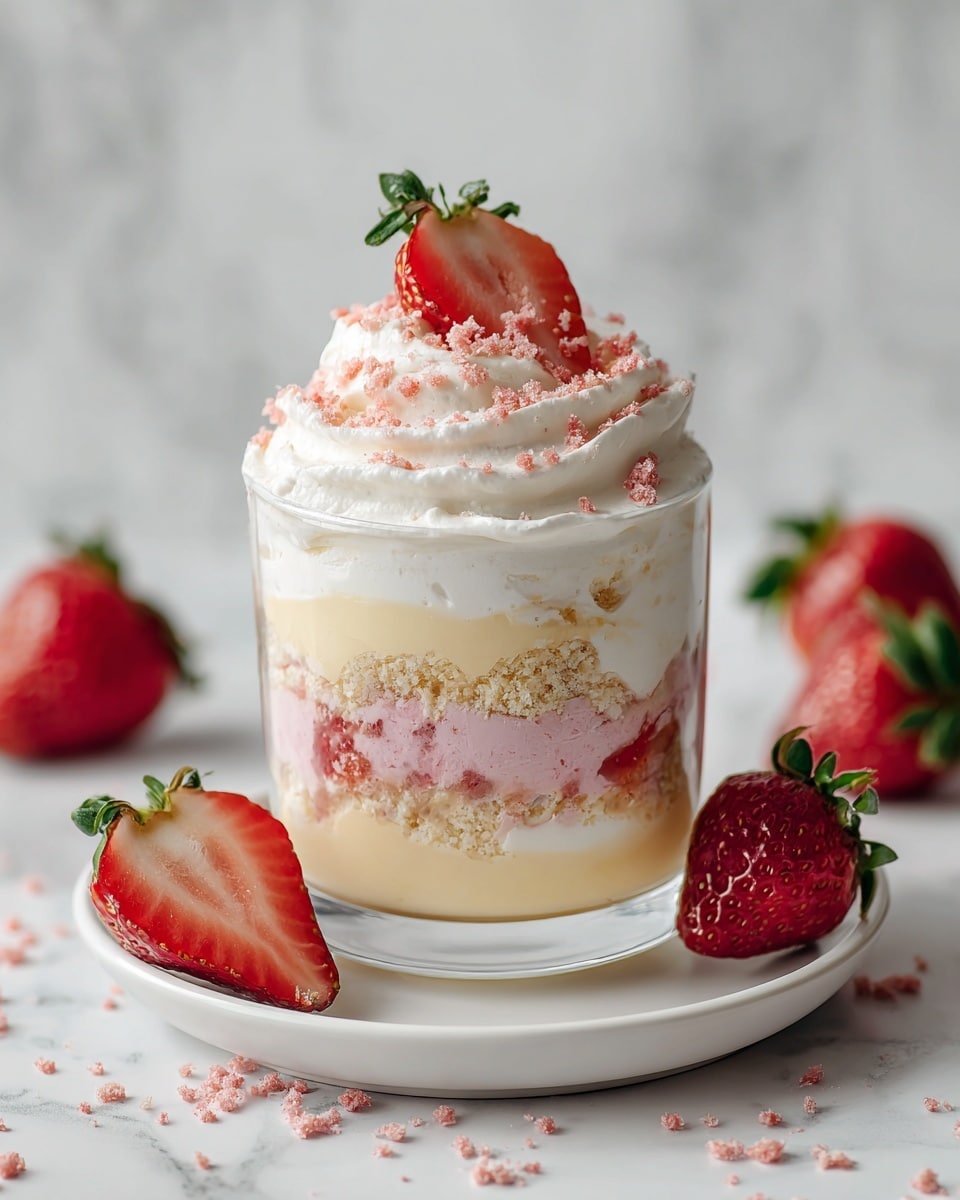 The image shows a clear glass cup with three visible layers: at the bottom is a pale yellow creamy layer, in the middle is a crumbly pink and beige layer, and on top is a thick white whipped cream layer sprinkled with more pink crumbly bits. A small fresh strawberry half with green leaves rests on the side under the whipped cream. The cup is inside a round white bowl, and whole red strawberries with green tops are placed around the cups. The background is a white marbled texture. photo taken with an iphone --ar 4:5 --v 7