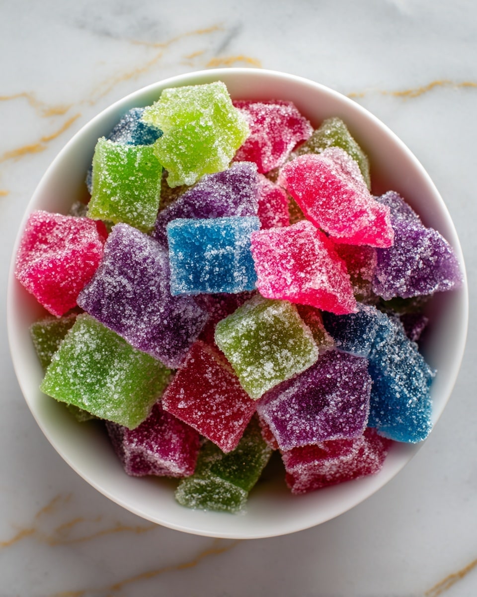 A white bowl filled with colorful sour candy pieces, each piece showing two-tone colors like pink and purple, green and blue, and red and green, covered in a light layer of granulated sugar giving a frosted texture. The candies have a rough, irregular shape with curved and folded edges, piled evenly inside the bowl. The bowl sits on a white marbled surface with subtle gray and gold veins, creating a clean and bright setting. photo taken with an iphone --ar 4:5 --v 7