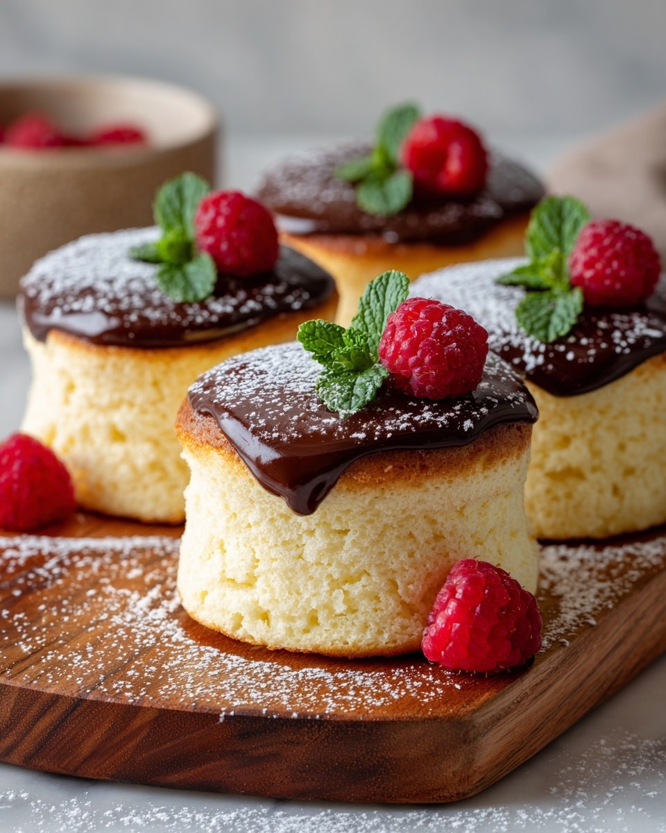 The image shows four fluffy, tall, pale yellow soufflé cakes with a light golden-brown top layer, each topped with a glossy dark chocolate sauce spread on the top surface. On top of the chocolate layer, there are two fresh red raspberries and a small bright green mint leaf on each cake. The cakes sit on a wooden board with powdered sugar dusted lightly around them, and one raspberry is placed on the board beside the cakes. The background has a blurred bowl and a white marbled texture surface under the board. Photo taken with an iphone --ar 4:5 --v 7