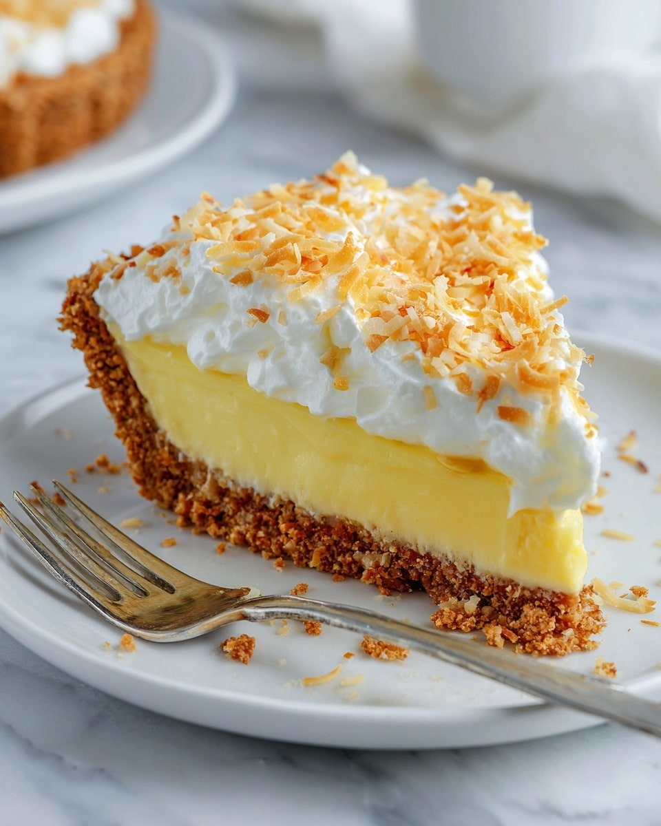 A slice of pie on a white plate, showing three layers: the bottom layer is a crumbly brown crust, the middle layer is a smooth creamy light yellow filling, and the top layer is white whipped cream sprinkled with golden toasted coconut flakes. Some toasted coconut flakes are scattered around the plate. A silver fork lies in front of the slice. The setting is on a white marbled texture. photo taken with an iphone --ar 4:5 --v 7