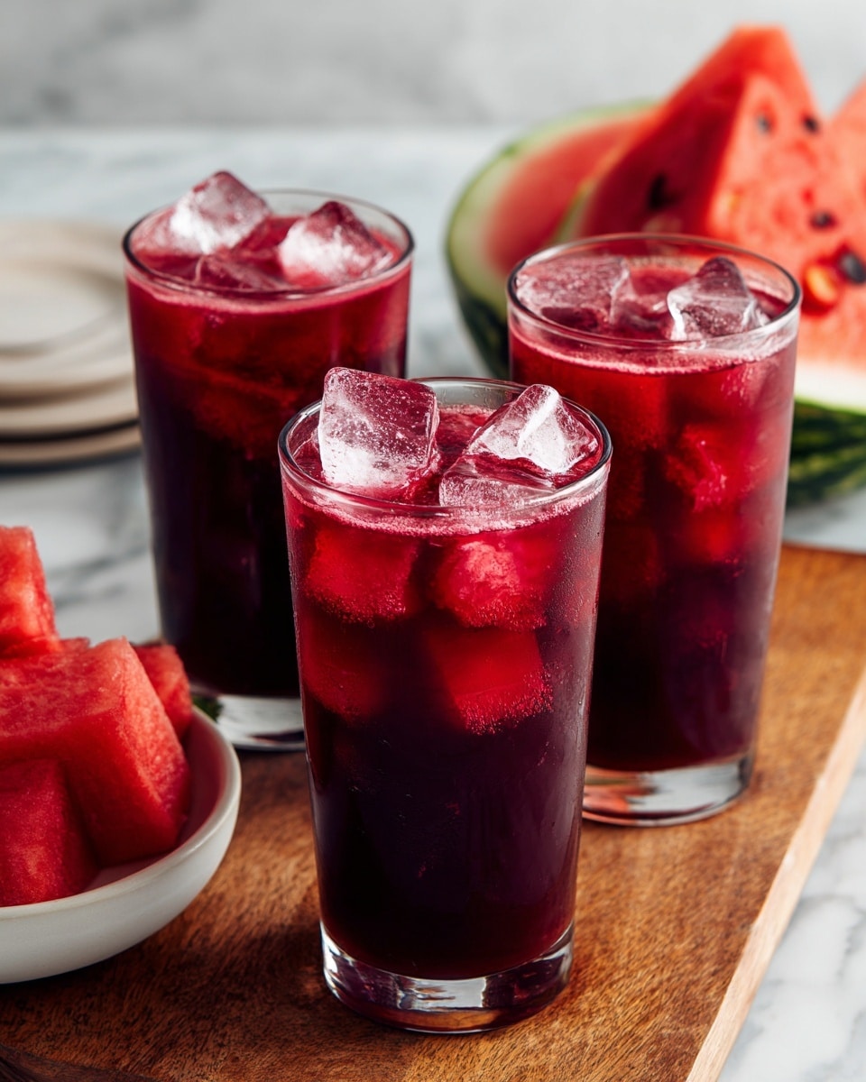 Three clear glasses are filled with a dark red juice and ice cubes, each glass showing the bright shine of the ice floating on top of the liquid. The glasses stand closely together on a brown wooden surface, with the background softly blurred showing a white bowl holding a whole watermelon and a bright red watermelon slice standing upright inside it. The setting is on a white marbled surface, creating a fresh and clean look. photo taken with an iphone --ar 4:5 --v 7