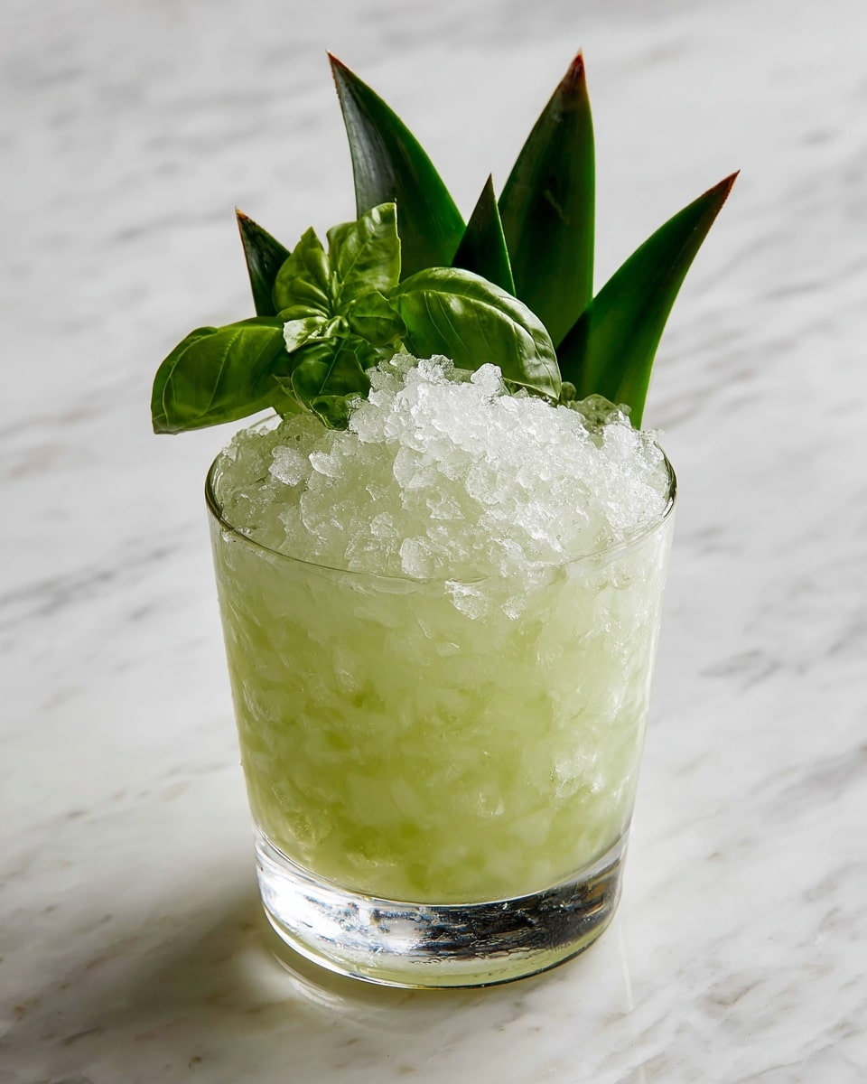 A short clear glass filled with light green crushed ice drink, the ice piled above the rim with a rough icy texture. On top, there are three large dark green leaves fanned out, along with a small fresh green sprig at the center, all adding a natural touch. The glass sits on a white marbled surface with a black background, making the drink and garnish stand out clearly. photo taken with an iphone --ar 4:5 --v 7
