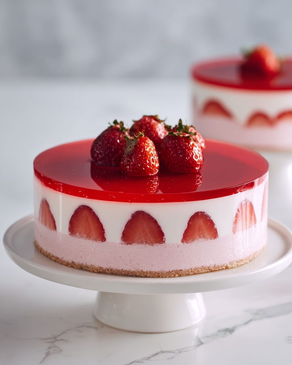 The image shows a two-layer strawberry dessert on a white cake stand with a smooth, glossy red jelly layer on top, containing whole strawberries pressed against the side. The bottom layer is a creamy pink mousse with a soft, even texture that supports the jelly layer above it. The dessert is round and neatly made, placed on a white marbled surface with a clean, minimal background. In the distance, another smaller matching dessert is slightly blurred. photo taken with an iphone --ar 4:5 --v 7