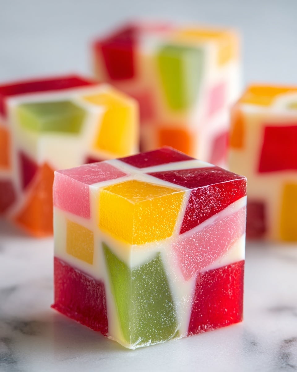 The image shows colorful squares of broken, multi-colored jelly pieces suspended inside a creamy white layer, creating a mosaic pattern. Each piece is distinct in bright colors like red, yellow, orange, green, and pink, and has a smooth, glossy texture. The blocks are cut into uniform square shapes, with one square in sharp focus at the front and others blurred slightly in the background. The jelly squares are placed on a white marbled surface, enhancing their vivid colors and glossy appearance. Photo taken with an iphone --ar 4:5 --v 7