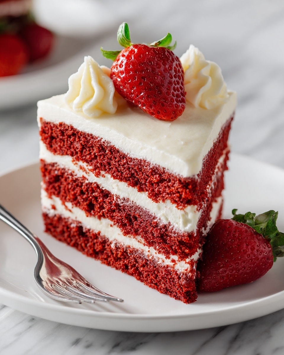 A slice of layered strawberry cake with three visible layers: two thick, soft-looking red sponge cake layers sandwiching a fluffy white cream layer in the middle, all topped with a smooth white cream layer that covers the cake evenly. On top, there are two fresh, bright red strawberries with green leaves, resting on a small swirl of white cream. Beside the cake on the white plate, there is one more glossy strawberry with green leaves. The plate sits on a white marbled surface, and a shiny fork is visible next to the cake. Photo taken with an iphone --ar 4:5 --v 7