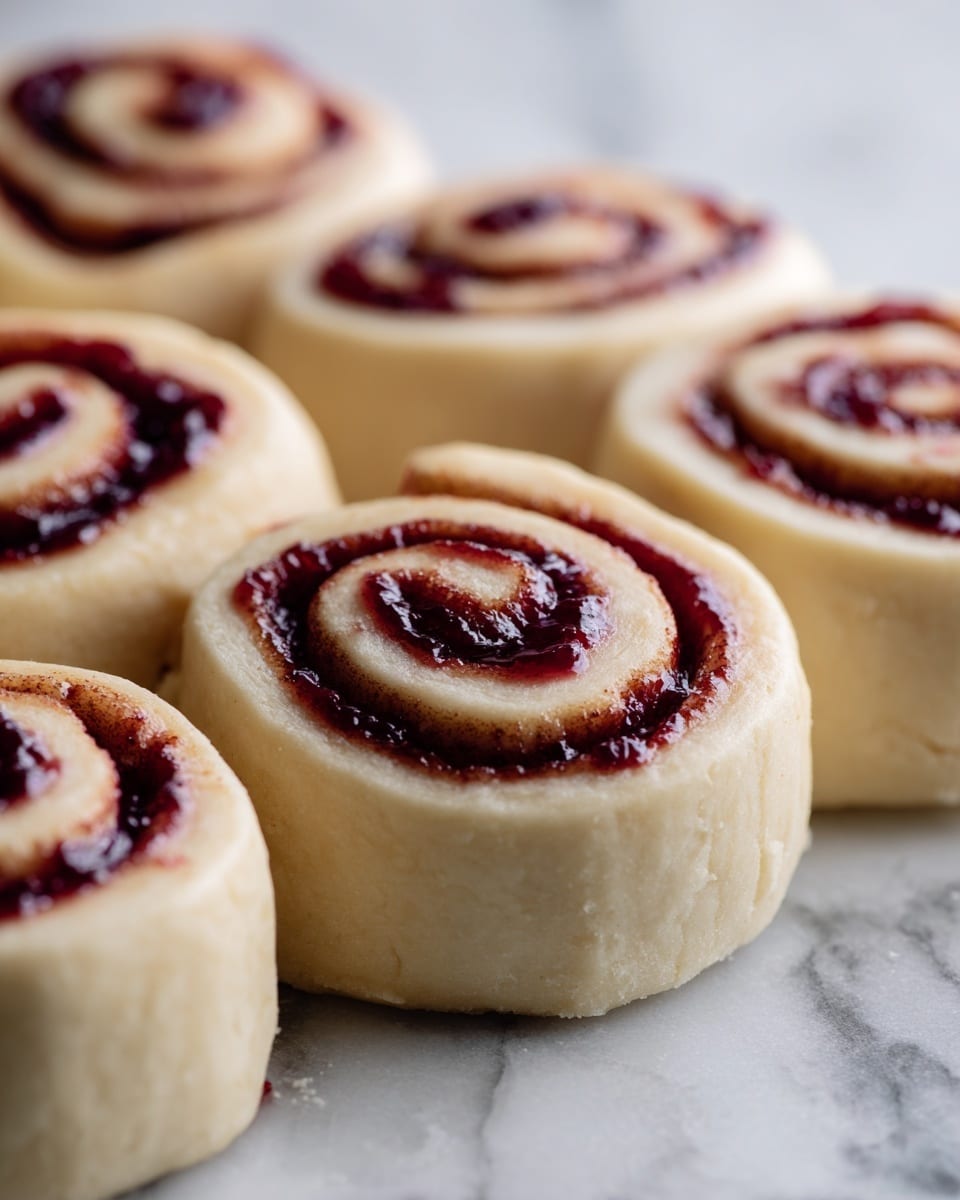 The image shows several uncooked cinnamon rolls placed close together, filling the frame. Each roll has a smooth, pale dough with a spiral shape wrapped around a dark red, jam-like filling that appears sticky and slightly glossy. The texture of the dough is soft with slight puffiness, and the edges of the rolls are rounded and touching each other. The rolls rest on a white marbled surface, giving a clean and simple background. Photo taken with an iphone --ar 4:5 --v 7