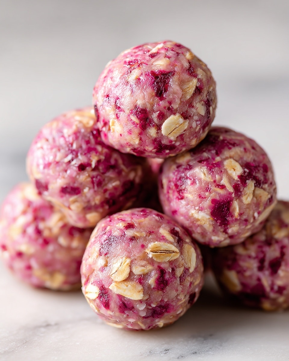 The image shows several round energy balls stacked closely together on a white marbled surface. Each ball is light pink with bits of oats mixed throughout, giving them a rough but soft texture. The oats add a natural beige contrast to the pink, and the balls have a slightly glossy look, hinting at a sticky or moist consistency. The overall focus is on the front balls, while the others fade softly in the background. photo taken with an iphone --ar 4:5 --v 7