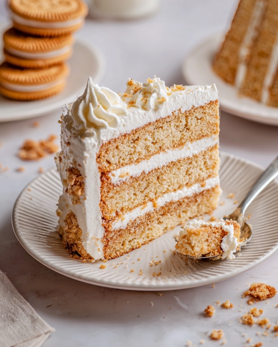 A slice of three-layer light brown cake with white cream frosting between each layer and around the sides sits on a white ridged plate, with a small piece cut and resting on a spoon beside it. The cake texture looks soft and slightly crumbly. Crumbs are scattered on the white marbled surface around the plate. On the upper left, two sandwich cookies and one broken cookie piece are partially visible. Another slice of a similar cake is on a white ridged plate at the bottom left corner. Photo taken with an iphone --ar 4:5 --v 7