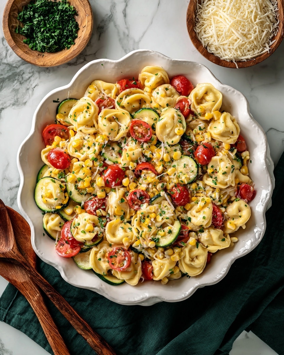 A large white scalloped bowl filled with tri-color tortellini pasta mixed with bright yellow corn kernels, halved red cherry tomatoes, and sliced green zucchini, all tossed in a light sauce that gives a slight sheen. The dish is garnished with fresh chopped green herbs scattered evenly on top, adding a fresh touch. To the left of the bowl, there are two wooden utensils resting on a dark green cloth, and to the right, a small wooden bowl filled with finely shredded white cheese. The whole setting is on a white marbled surface. photo taken with an iphone --ar 4:5 --v 7