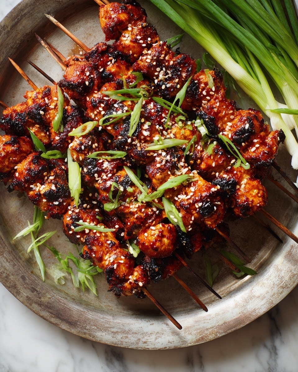 The image shows several grilled chicken skewers on a round white plate. Each skewer has multiple pieces of chicken, cooked to a glossy deep orange-brown color with some charred black spots. The chicken pieces are coated in a shiny sauce and sprinkled with light tan sesame seeds and bright green chopped scallions. The plate is placed on a white marbled surface, with some green scallions visible next to the plate at the bottom left corner. photo taken with an iphone --ar 4:5 --v 7