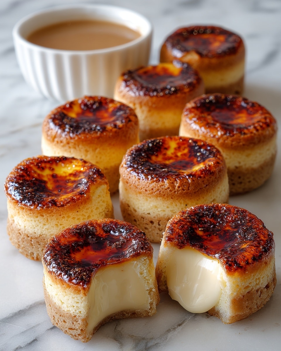 The image shows a group of six round pastries with three visible layers: the bottom and middle layers are light beige dough with a soft, fluffy texture, the top layer is a smooth, golden custard filling with a glossy, burnt caramelized sugar crust that is speckled with small bits of caramelized sugar. One pastry is cut open, revealing a creamy pale yellow custard inside, flowing slightly out of the dough. The pastries are placed closely together on a white marbled surface, and there is a small white round dish with a golden syrup to the side. photo taken with an iphone --ar 4:5 --v 7