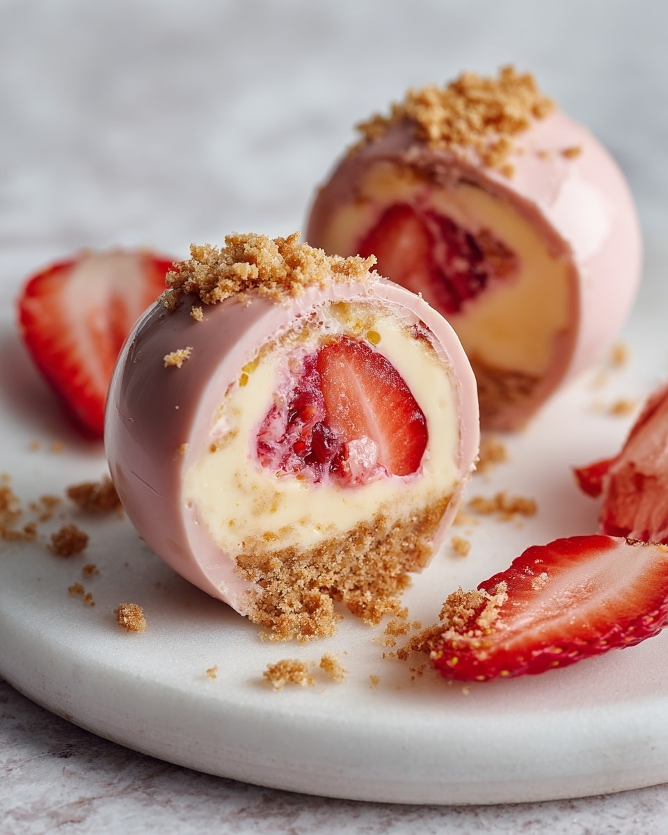 The image shows a white chocolate egg-shaped dessert cracked open on a white marbled surface, revealing three distinct layers inside. The outer shell is smooth and pale pink. Inside, the top layer consists of small fresh red strawberry pieces mixed with a soft, creamy pink filling. Below that is a thin crunchy light brown crumb layer. The bottom layer is a rich, thick, light yellow cream that is oozing out slightly from the broken shell. Around the dessert, there are scattered crumbs, whole strawberries, and pastel-colored round candy balls, all sitting on a pale pink base. Photo taken with an iphone --ar 4:5 --v 7