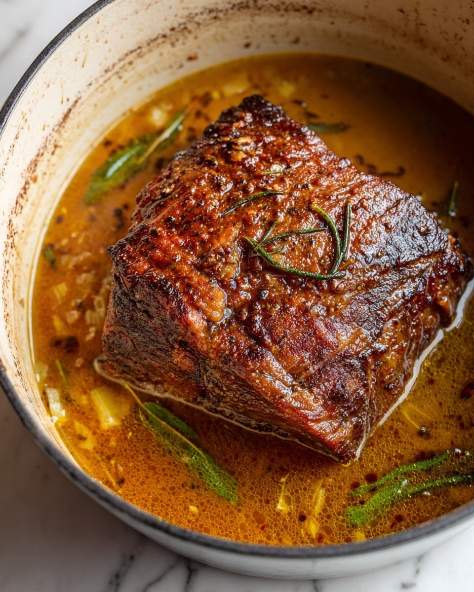 A close-up of a single large piece of dark brown, crispy roast beef sitting in a pot filled with a rich, golden-brown broth that has visible bits of cooked onions and herbs scattered throughout. The beef’s surface shows a textured, crusty layer with some shiny spots from the juices. The pot's inner side is light-colored, with some stains from cooking, and the whole scene is set on a white marbled texture. photo taken with an iphone --ar 4:5 --v 7