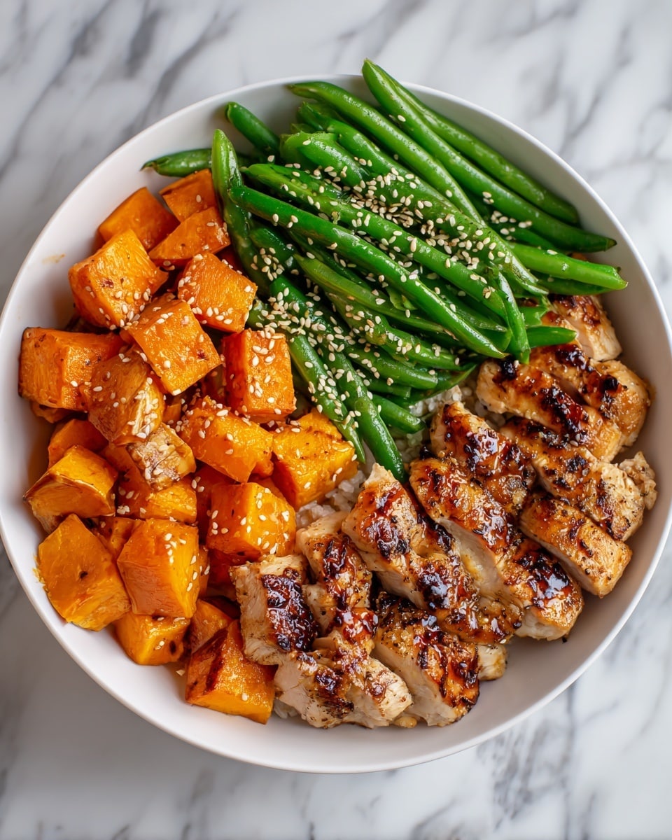 A white round bowl holds a colorful meal with three sections: the top left has small, bright orange chunks of roasted sweet potatoes with a slightly crispy texture; the top right contains fresh, vibrant green beans that look tender but firm; the bottom half is filled with golden-brown grilled chicken pieces, showing a juicy texture with visible grill marks and seasoning. The bowl sits on a white marbled surface. Photo taken with an iphone --ar 4:5 --v 7