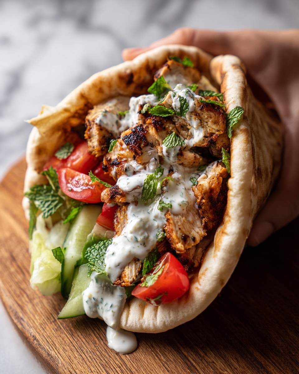 A pita wrap filled with three main layers is shown close up. The base layer is soft, slightly toasted beige pita bread folded in a cone shape. The middle layer is a colorful mix of chopped bright green cucumber, red tomato slices, and fresh green parsley leaves. On top, there is a generous portion of grilled chicken pieces with a golden brown char, covered with a thick drizzle of white creamy sauce with herbs. The wrap rests on a wooden surface with a woman's hand holding it from the back right corner. The background is a white marbled texture, softly blurred. photo taken with an iphone --ar 4:5 --v 7