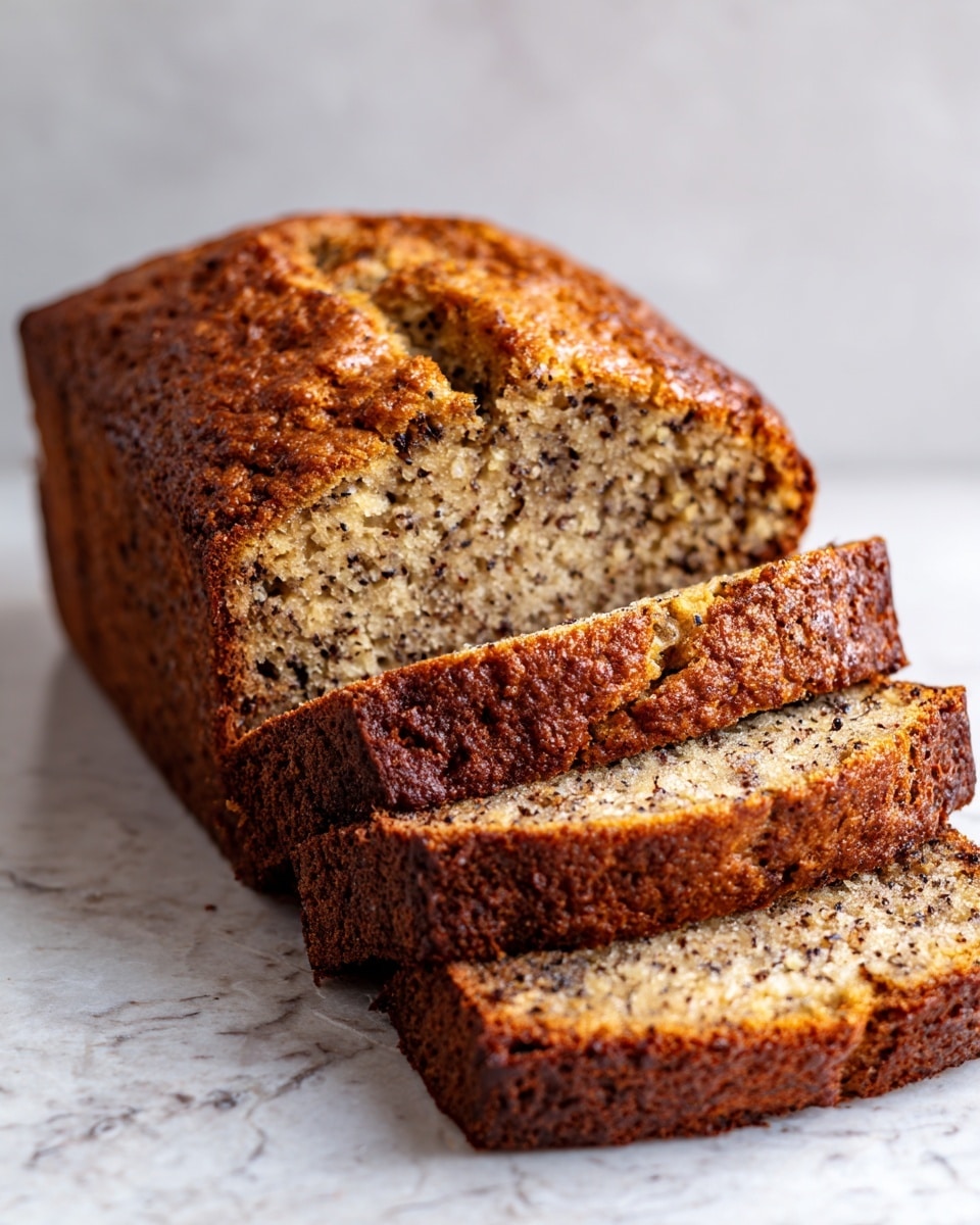 The image shows a loaf of banana bread with a golden-brown crust and a textured top that is cracked in the center. The bread has been sliced into several pieces, revealing a moist interior speckled with bits of banana and darker spots of nuts or chocolate. The slices are stacked slightly leaning in front of the remaining loaf. The bread rests on a flat surface with a white marbled texture in the background. photo taken with an iphone --ar 4:5 --v 7