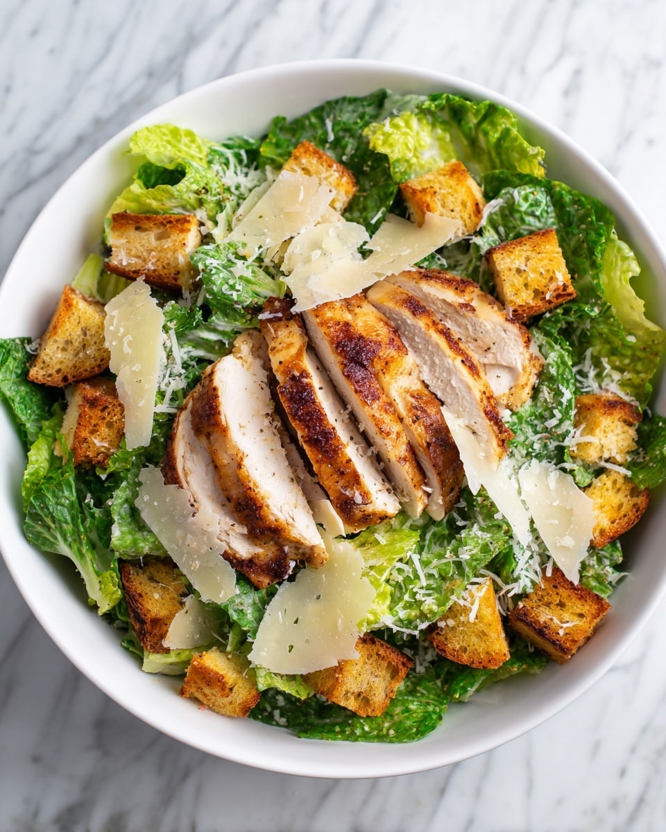 A white bowl filled with a Caesar salad showing three main layers: the base layer is fresh green romaine lettuce with a slightly shiny texture, the middle layer is golden brown crunchy croutons evenly scattered, and the top layer features slices of grilled chicken breast with satisfying char marks, arranged in a neat row at the center. Thin shreds and small flakes of shaved pale yellow Parmesan cheese are lightly sprinkled over the entire salad, adding texture and contrast. The bowl sits on a white marbled surface. photo taken with an iphone --ar 4:5 --v 7