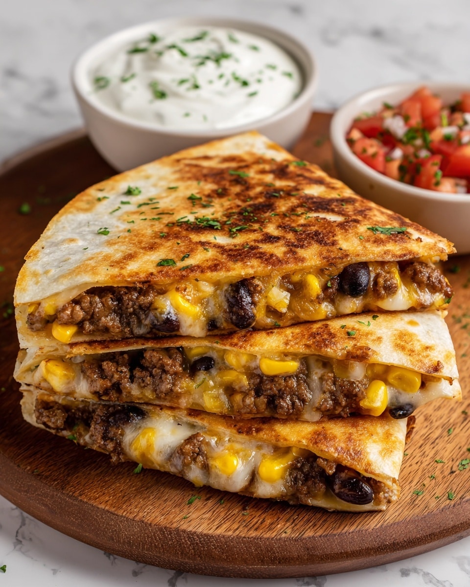 Three quesadilla slices stacked on a round wooden board, each folded tortilla golden brown and crispy with a visible filling of melted yellow and white cheese mixed with cooked ground beef and small pieces of corn and black beans. The top quesadilla slice is slightly lifted, showing gooey cheese and beef inside. Finely chopped green herbs are sprinkled over the quesadillas. To the left, there is a small white bowl filled with creamy white sour cream topped with chopped herbs, and next to it is a small portion of freshly chopped red tomatoes with bits of onion and herbs. The photo is taken on a white marbled surface. Photo taken with an iphone --ar 4:5 --v 7